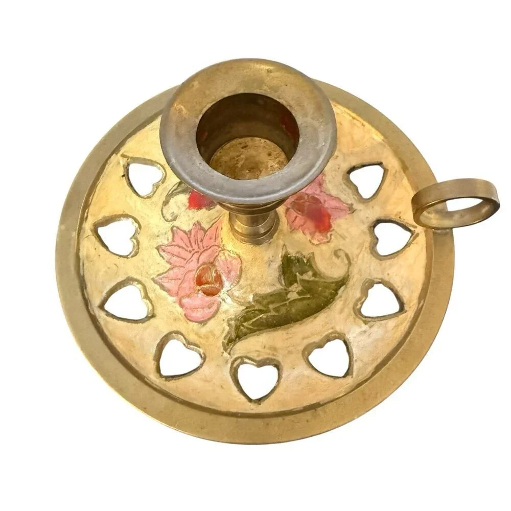 Vintage Brass Chamber Stick | Cloisonné Candle Holder | Enameled Flower Motif